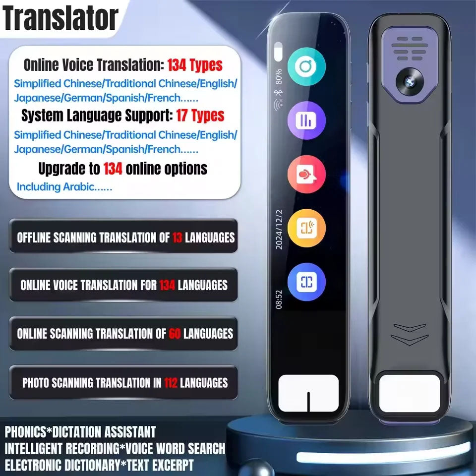 Multilingual translation device with features listed on a blue background