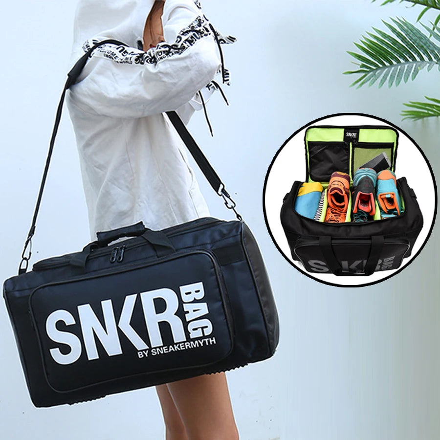 Person holding a black duffel bag with 'SNKR BAG by Sneakerynth' branding, with an inset showing the bag's contents.