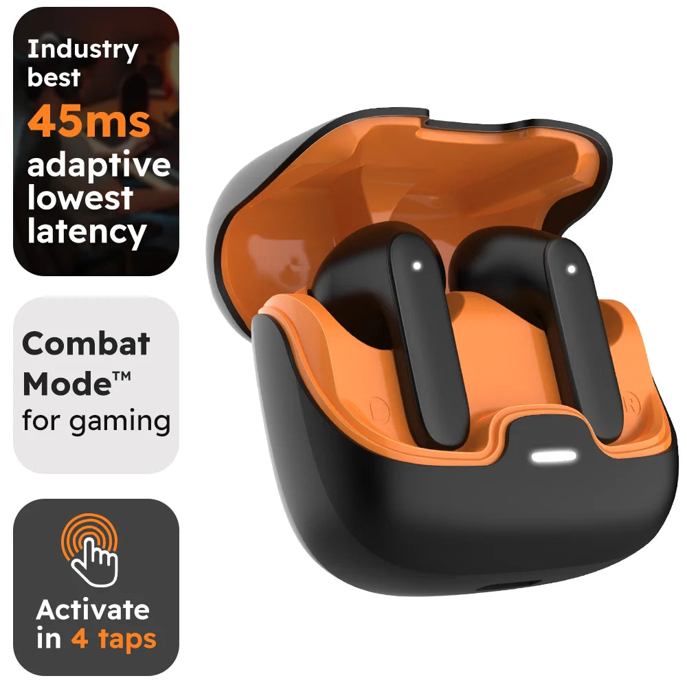 Black and orange wireless earbuds with charging case on a white background