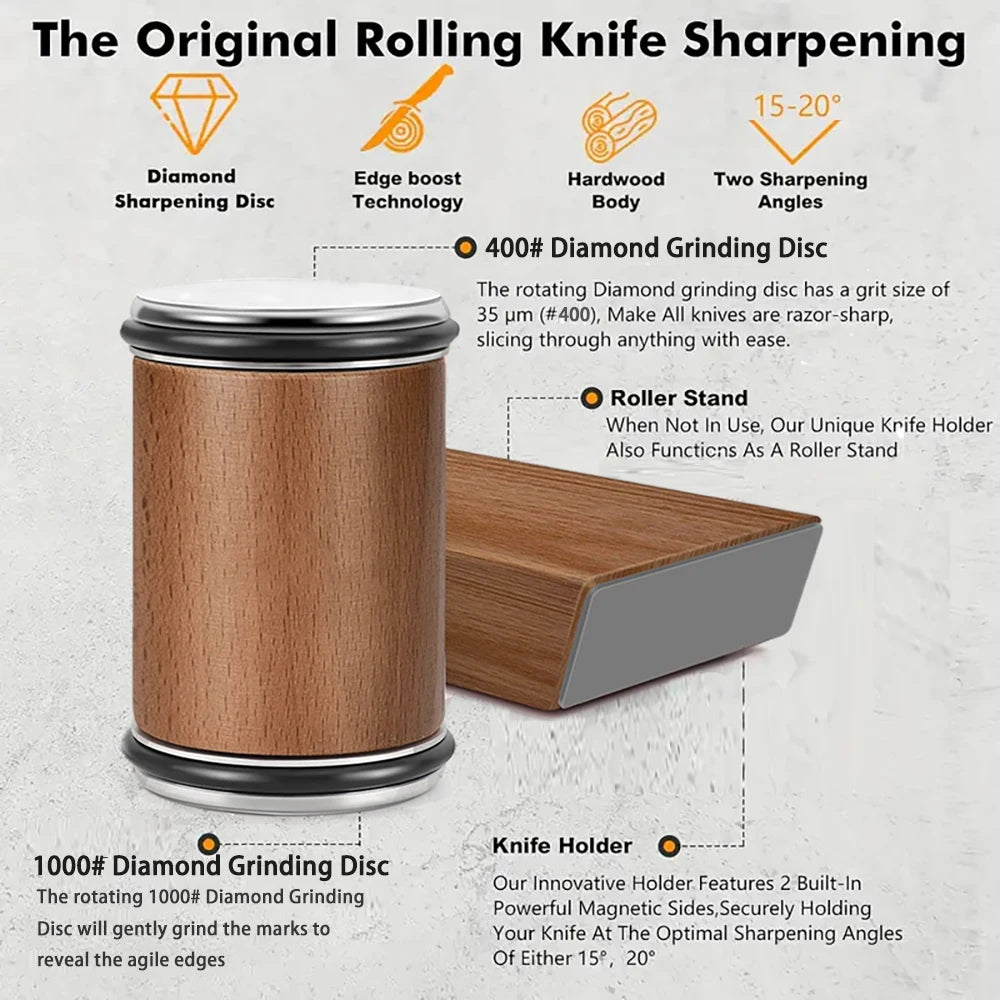 Wooden knife sharpening system with features highlighted on a light gray background