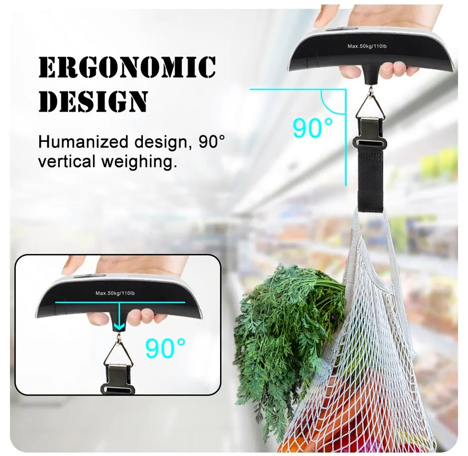 Ergonomic design hanging scale with text and close-up on a blurred grocery store background