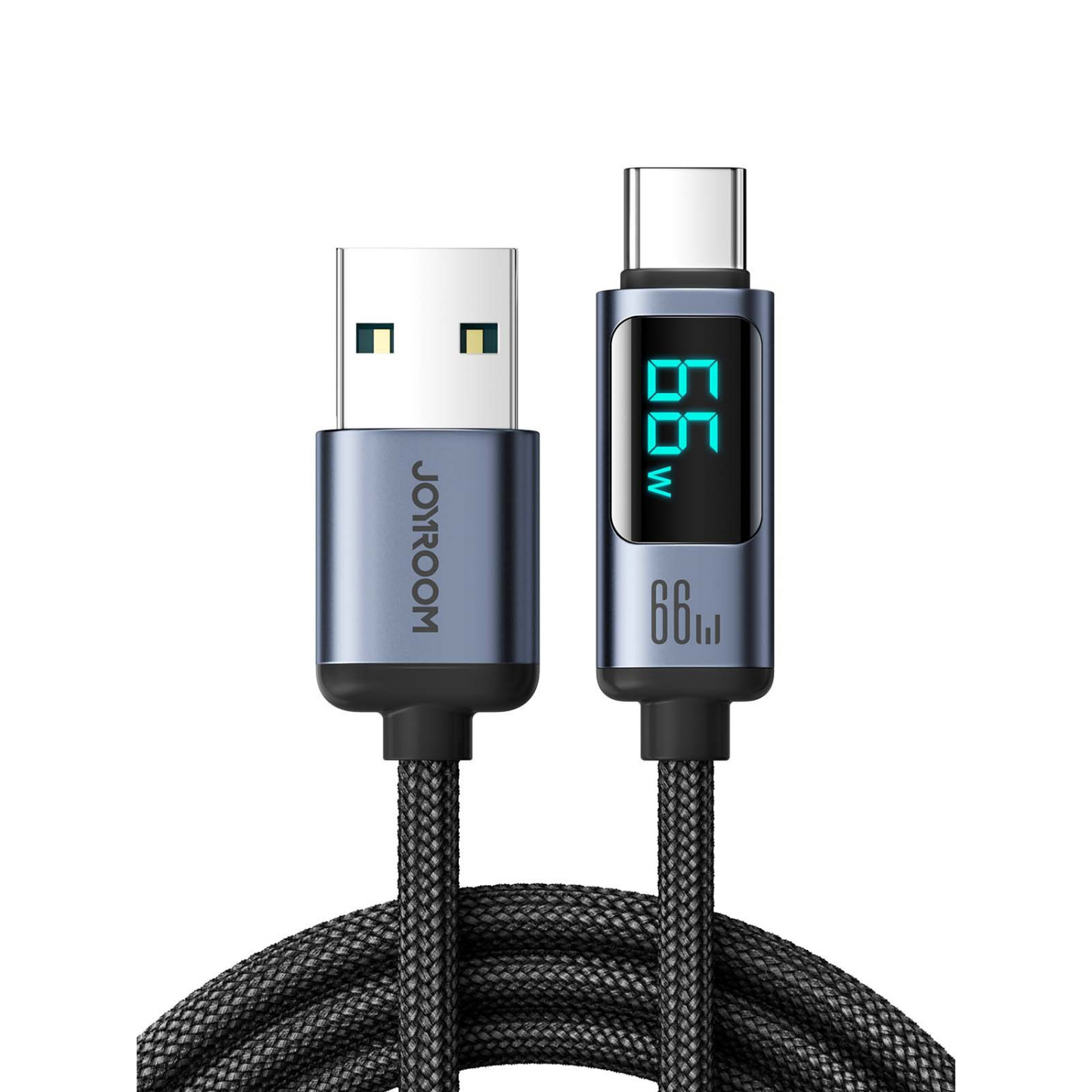 Digital charging cable with a digital display on a white background