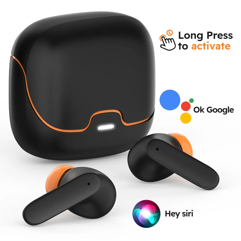 Black wireless earbuds with charging case on a white background, featuring voice activation icons.