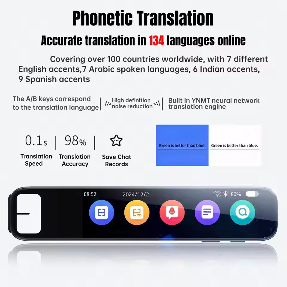 Smart device with translation app interface on a white background