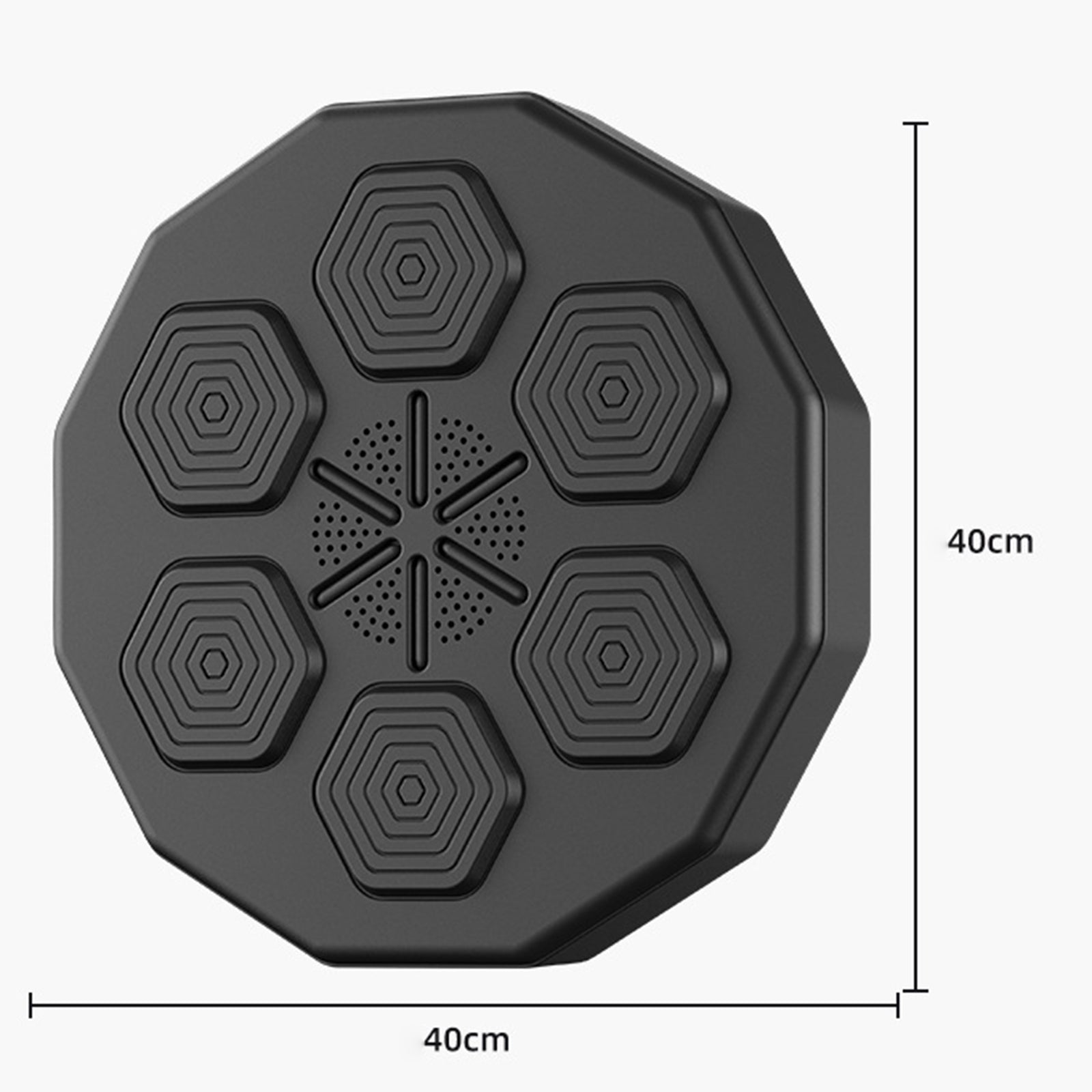 Black octagonal mat with hexagonal patterns and measurements on a white background