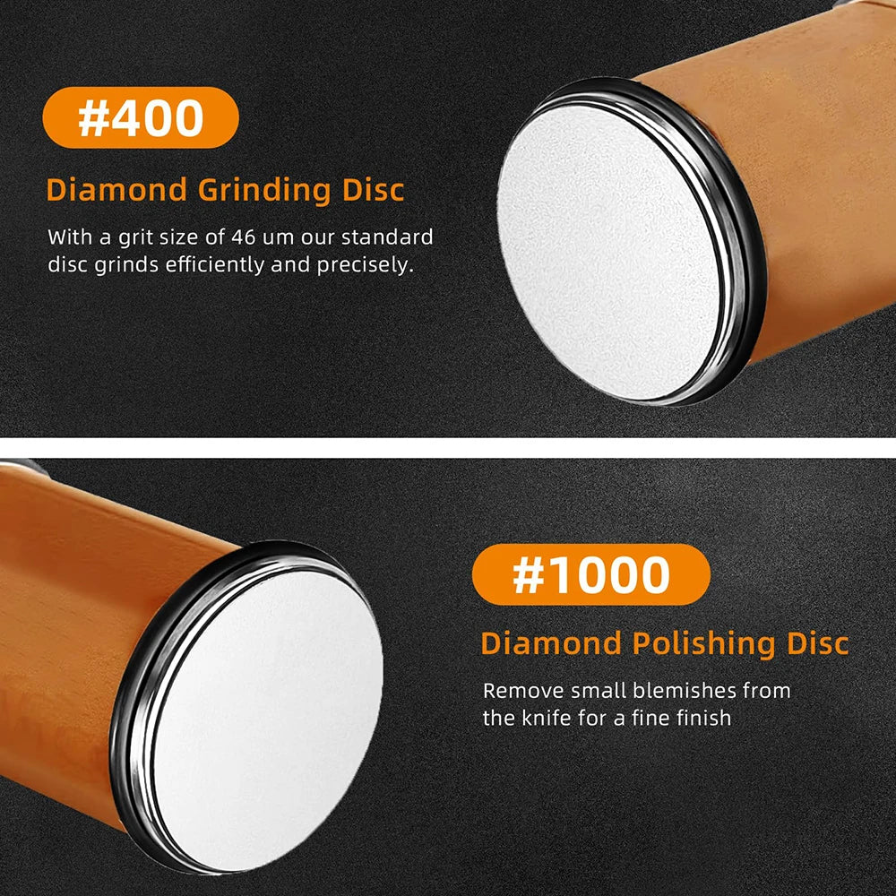 Diamond grinding and polishing discs with specifications on a dark background