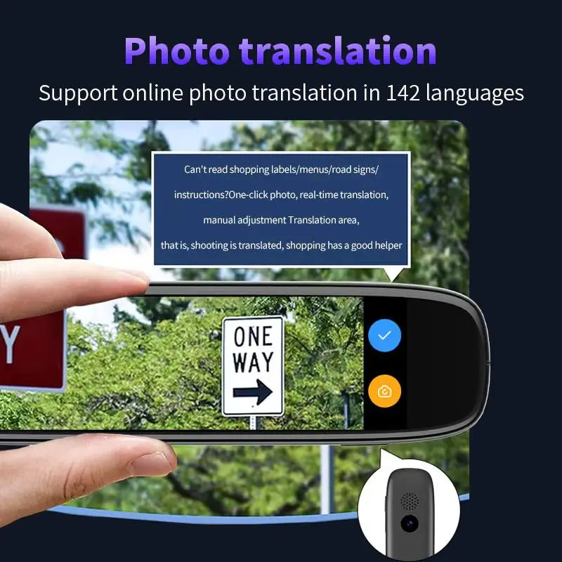 Smart device with screen displaying a 'One Way' sign and text about photo translation in 142 languages.