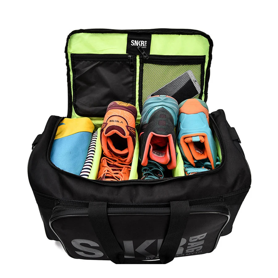 Black duffel bag with colorful shoes inside, featuring the brand 'SNKEE'.