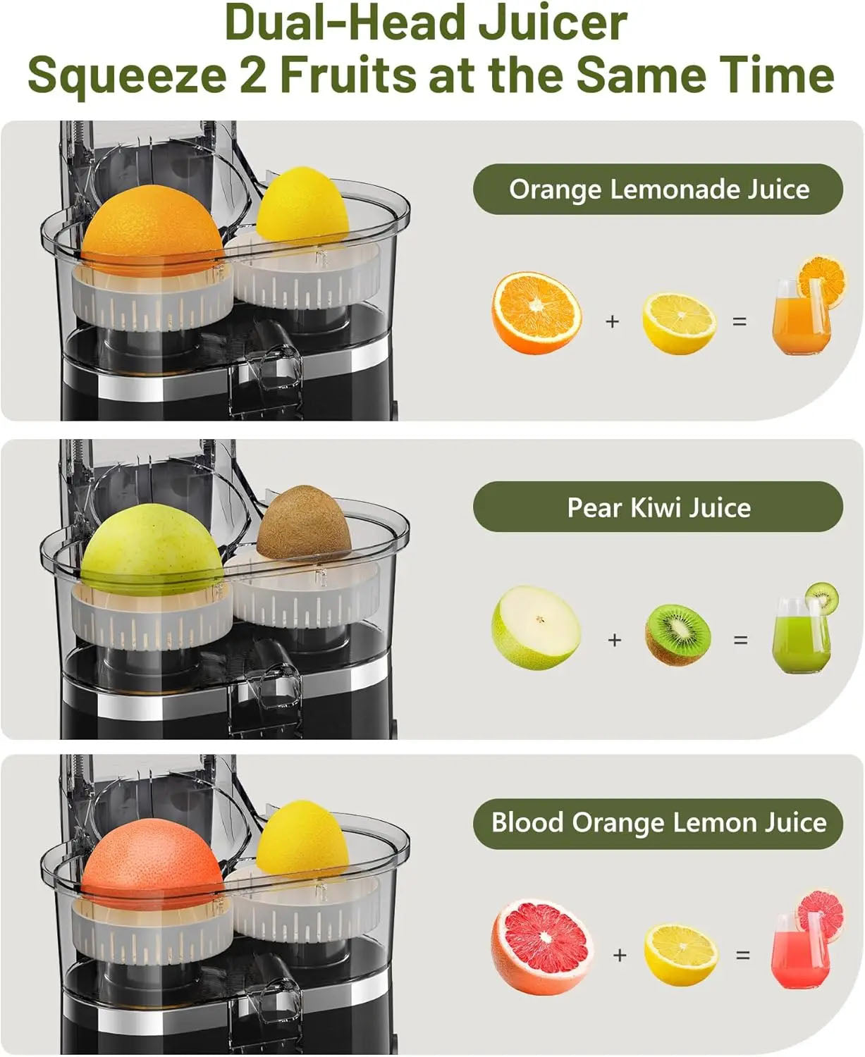 Dual-head juicer with examples of fruits being juiced for different juice types.