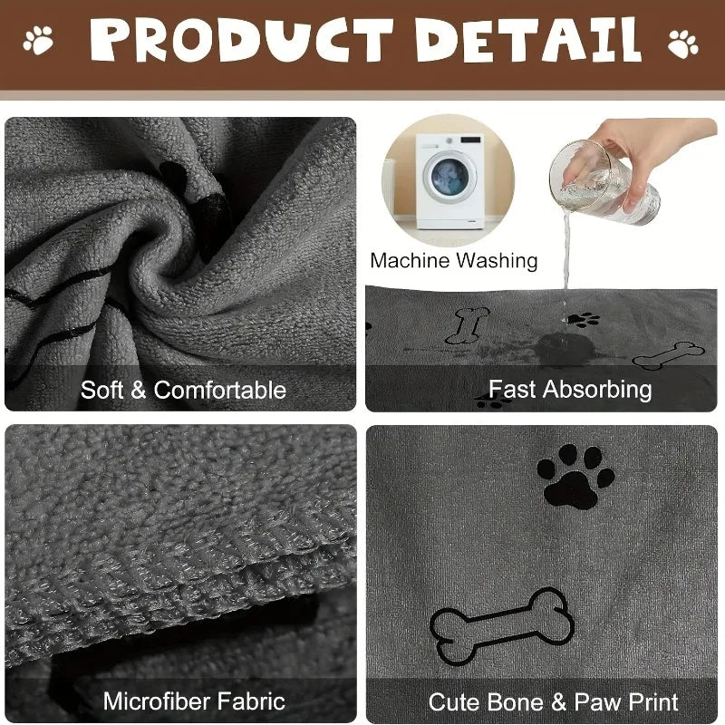 Product detail of a gray towel with text on washing, texture, and design features.