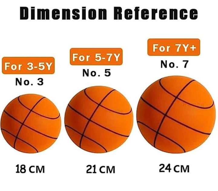 Three basketballs of different sizes with dimensions labeled for age groups.
