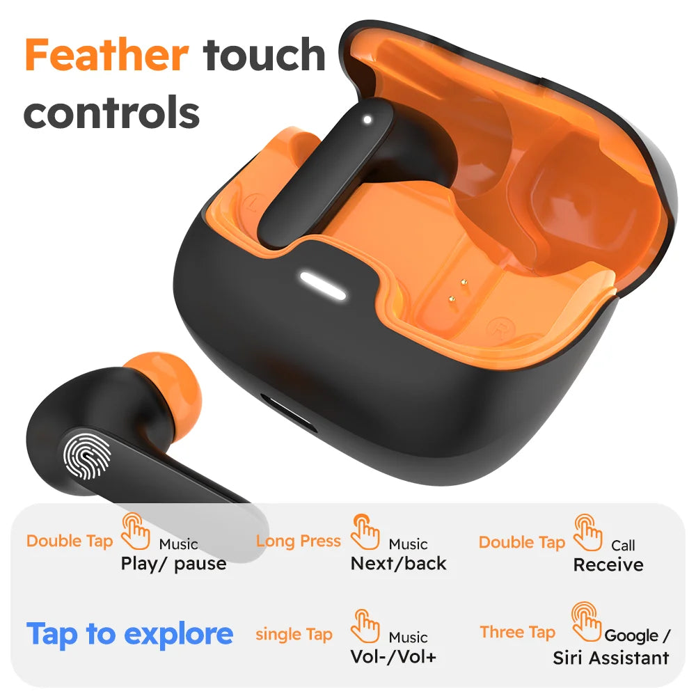 Black and orange wireless earbuds with charging case on a white background