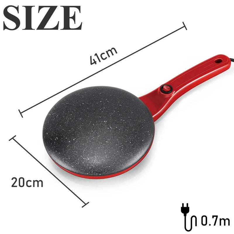 Red electric crepe maker with measurements on a white background