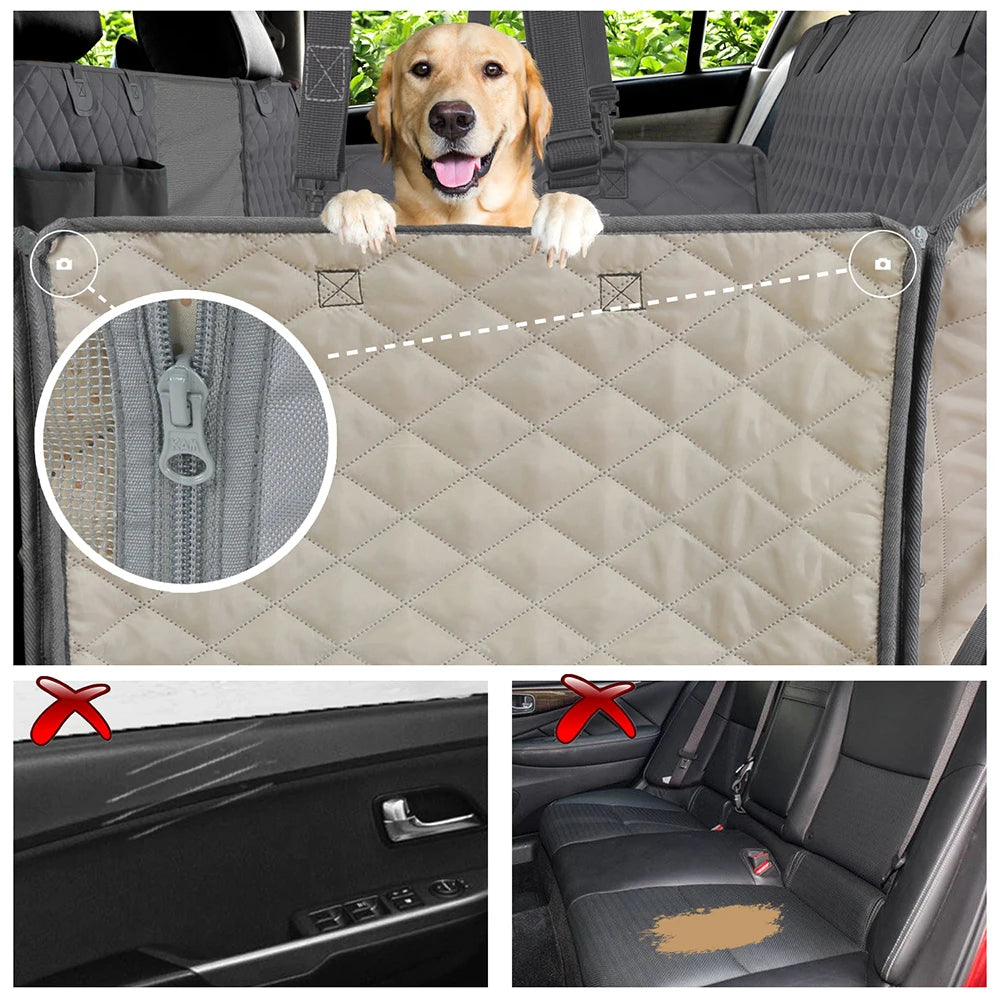 Pet car seat cover with a dog peeking over it, showing a close-up of a zipper and examples of use.