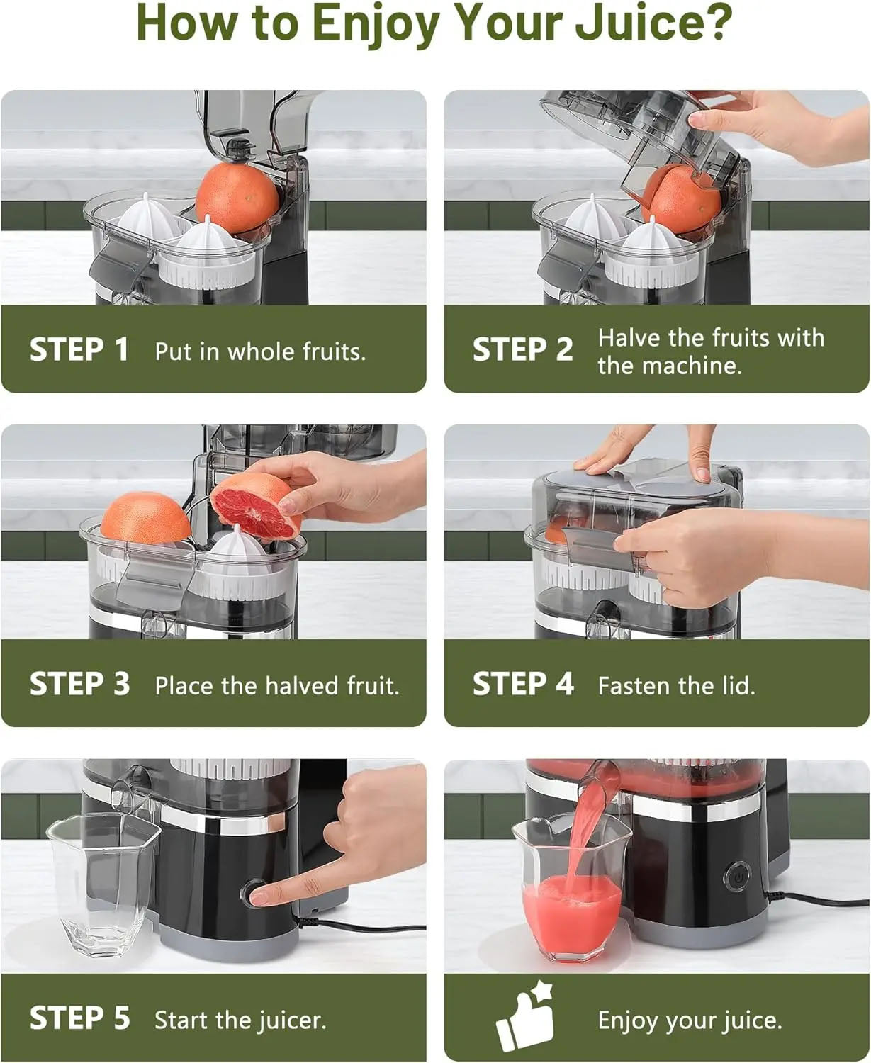 Step-by-step guide on how to use the juicer with images and text.