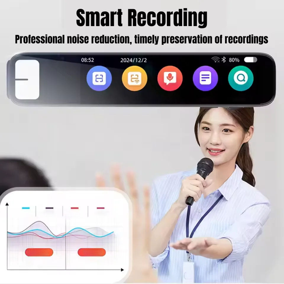 Smart recording device with user interface elements and a person holding a microphone.