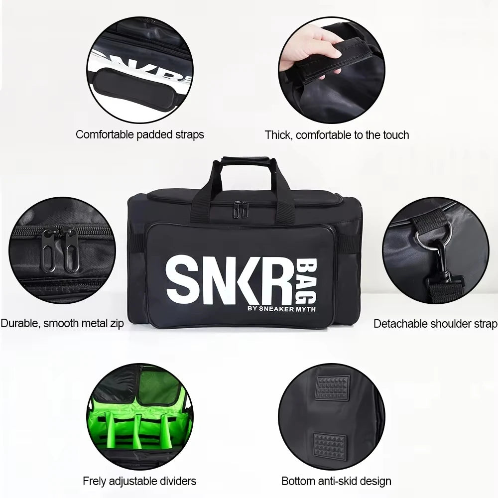 Black SNKR bag with features highlighted on a white background