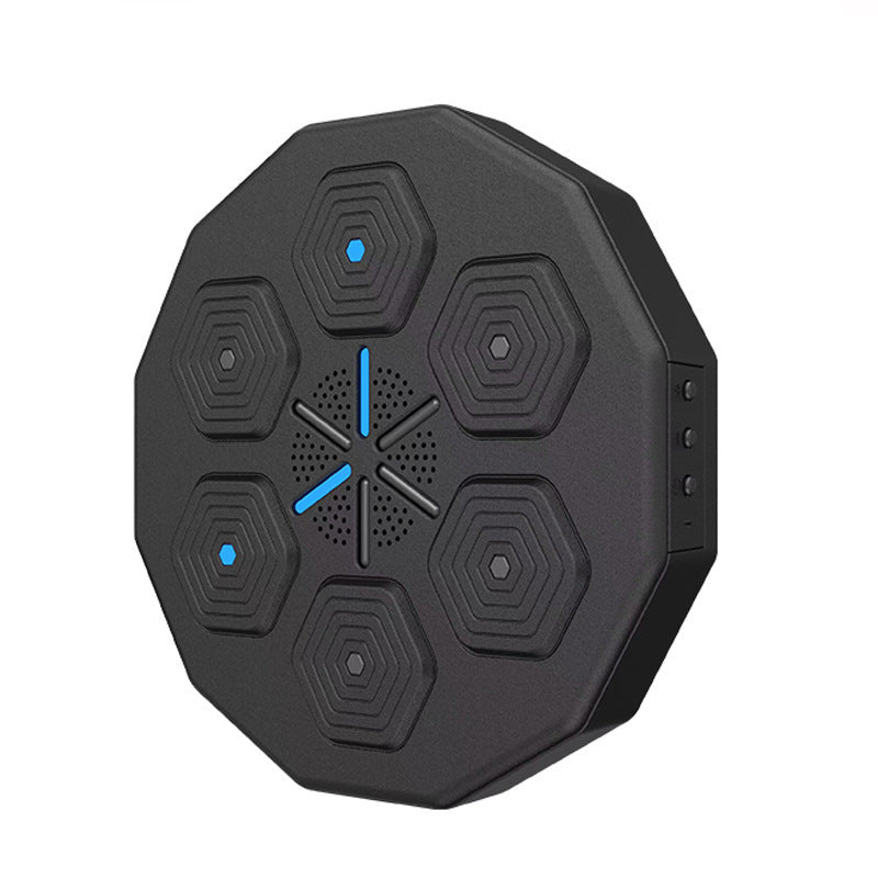 Black octagonal device with hexagonal patterns and blue lights on a white background