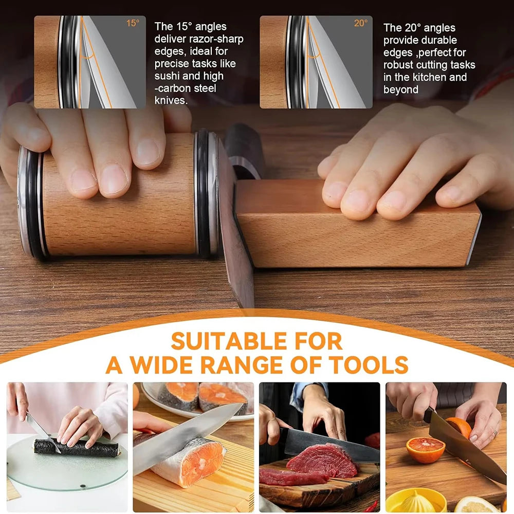 Wooden knife sharpener with hands using it, shown in various cutting scenarios.