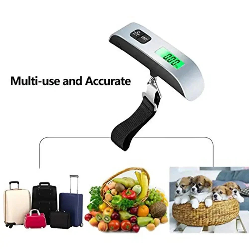 Digital luggage scale with text 'Multi-use and Accurate' on a white background.