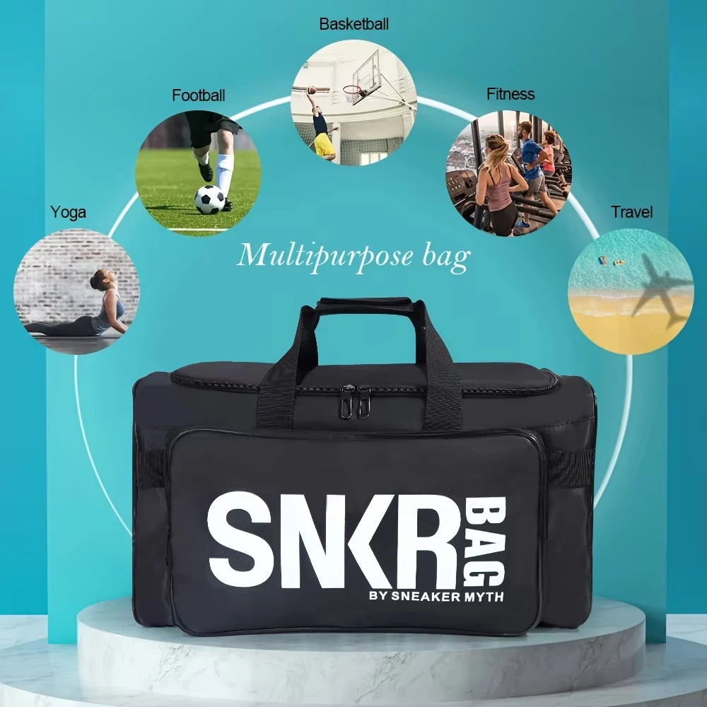 Black duffel bag with 'SNKR BAG BY SNEAKER MYTH' branding on a blue background with lifestyle images.