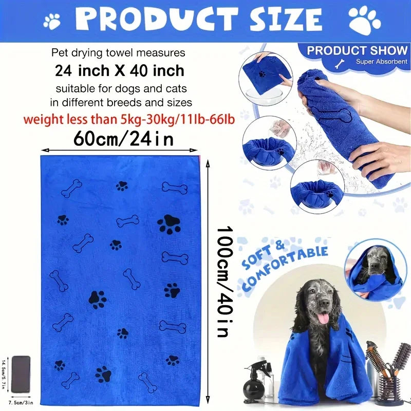 Blue pet drying towel with measurements and product show on a white background