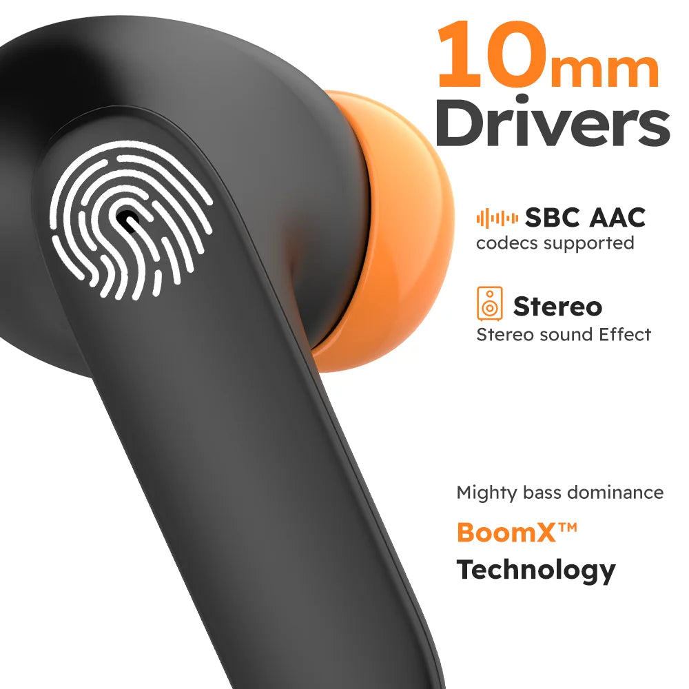 Black and orange wireless earbuds with fingerprint sensor on a white background