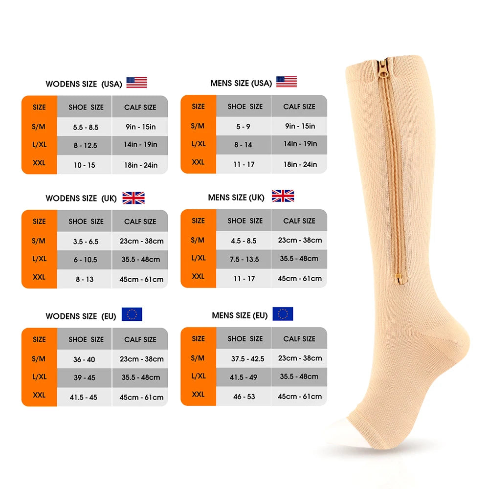 Beige knee-high sock with a zipper and size chart for men's and women's shoe sizes.