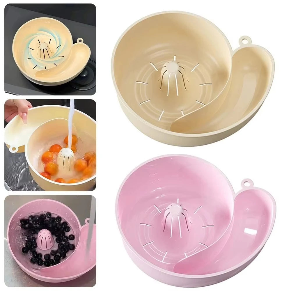 Collage of a beige and pink kitchen strainer with food items inside on a white background.