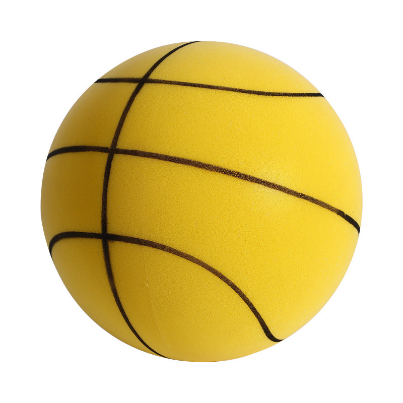 Yellow foam basketball with black lines on a white background