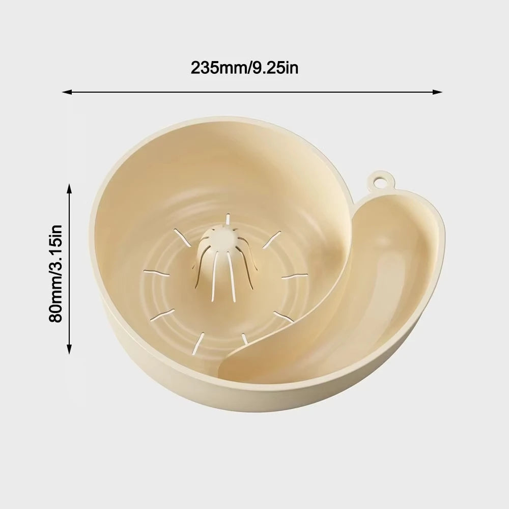 Beige strainer with dimensions indicated on a white background