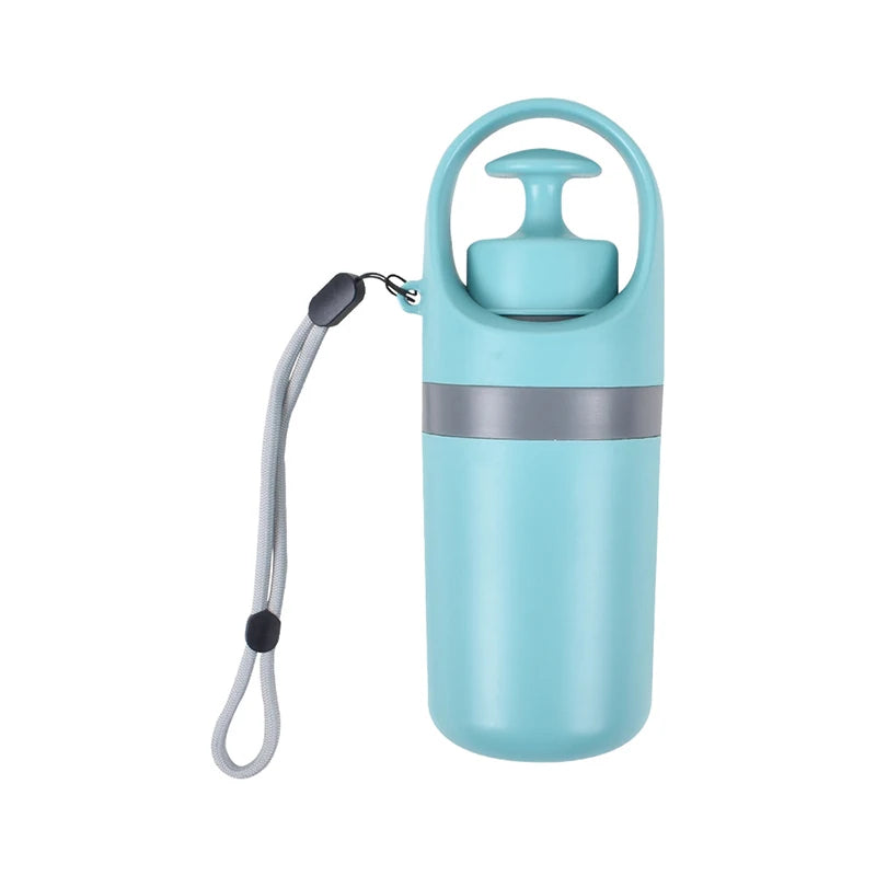 Light blue bottle with a handle and strap on a white background