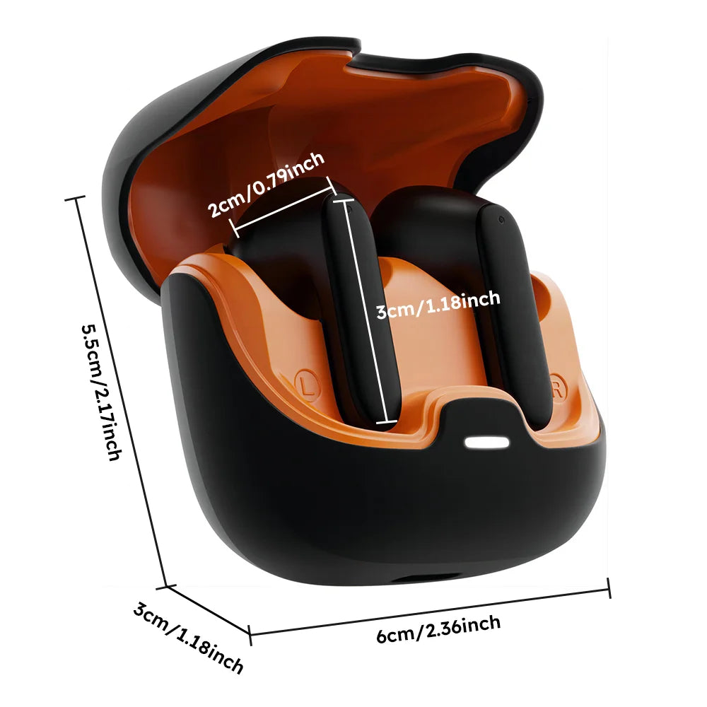 Black and orange wireless earbuds with measurements on a white background