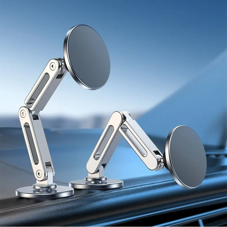 Two magnetic phone holders with adjustable arms on a blue background