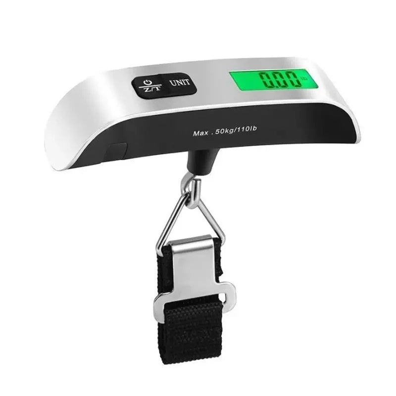 Digital luggage scale with a black strap on a white background