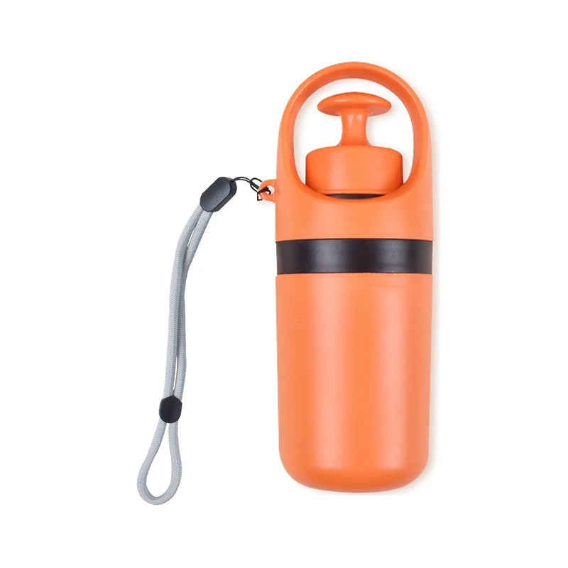 Orange bottle with a black band and grey strap on a white background