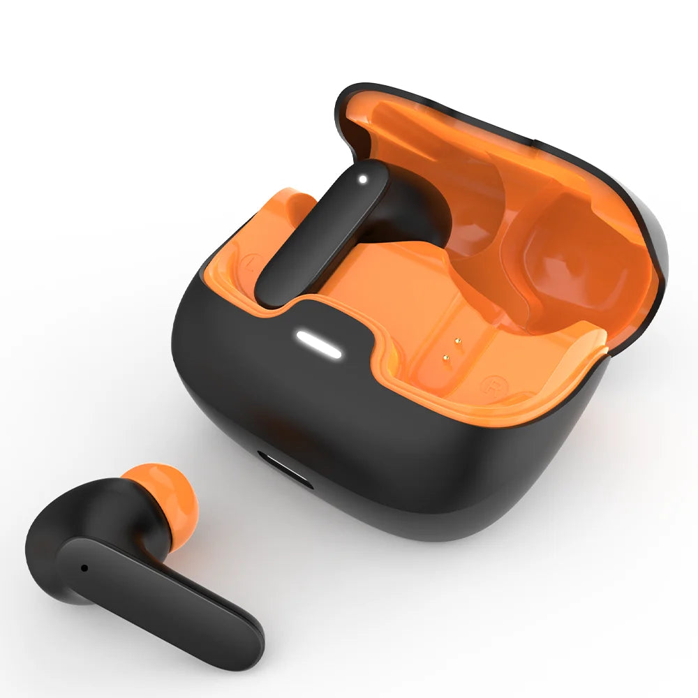Black and orange wireless earbuds with charging case on a white background