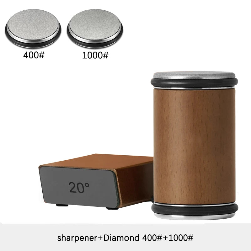 Wooden diamond grinder with two diamond stones labeled 400# and 1000#, and a wooden base with '20°' marking.