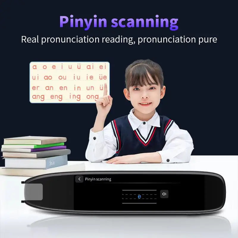 Person holding a board with pinyin characters and a device for pinyin scanning on a desk.