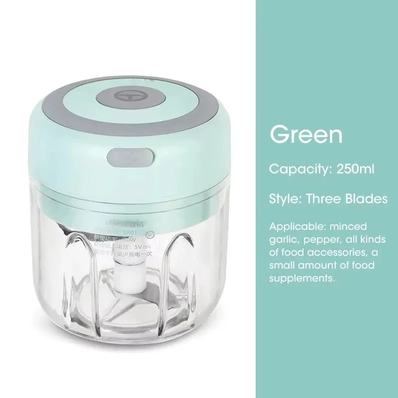 Green handheld food chopper with text on capacity and features