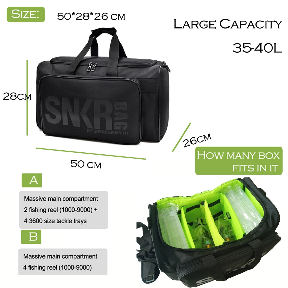 Black SNKR bag with fishing tackle compartments and dimensions displayed.