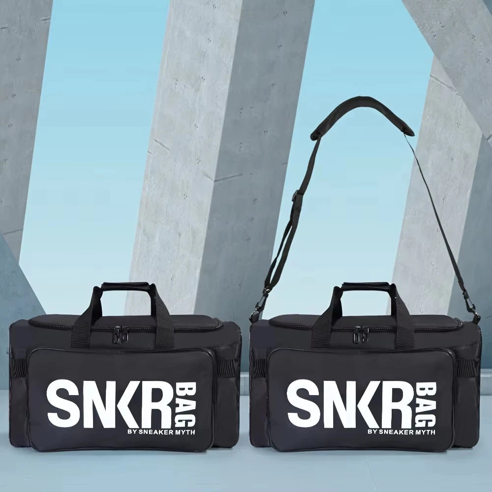 Two black SNKR bags with white text on a light blue surface with concrete pillars in the background.